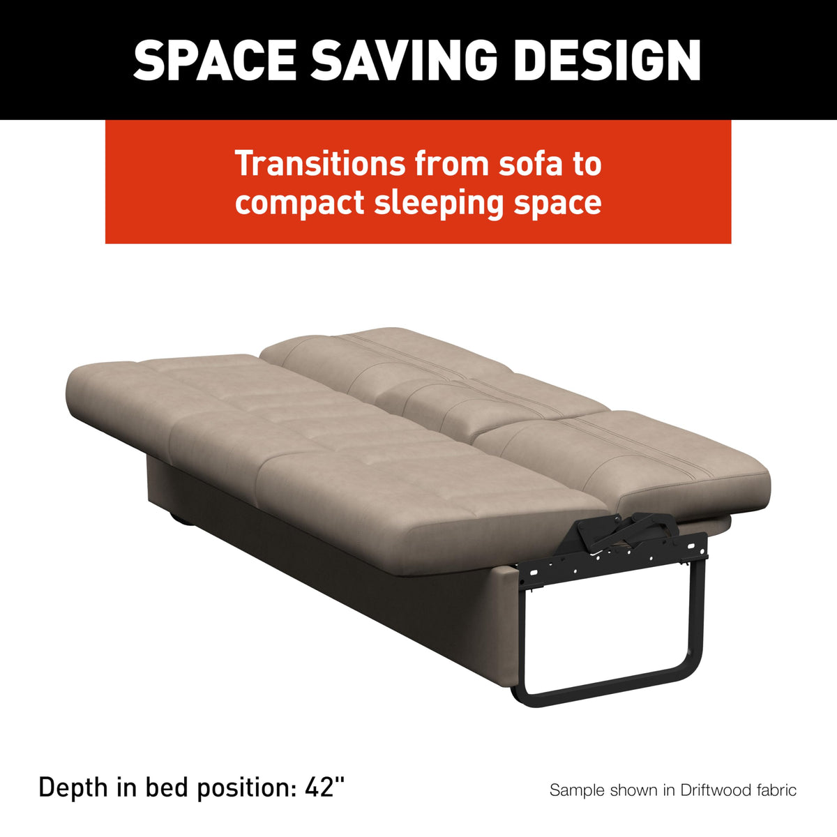 Thomas Payne Signature 72" Driftwood RV Jackknife Sleeper Sofa with Matching Kickboard, Easy Transition, High-Density Foam Cushioning, Fold-Down Center, Dual Cupholders - 2024044413