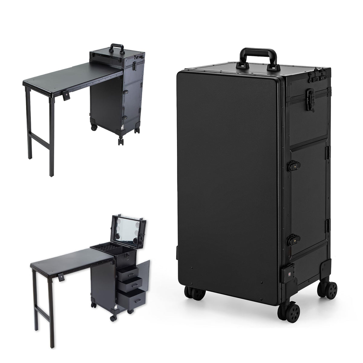 Gdsshuhung Portable Nail Desk with LED Mirror, Heavy Duty Foldable Manicure Table with 3 Drawers, Rolling Makeup Train Case Cosmetology Trolley on Wheels, Mobile Nail Tech Workstation (Black)