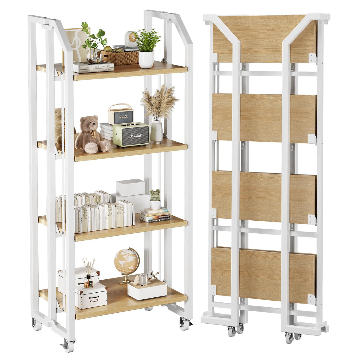 VYRIVA No Assembly Double-Sided Folding Bookshelf for Living Room, 4 Tier Collapsible Book Shelf for Home Office, Portable Bookcase Storage Organizer