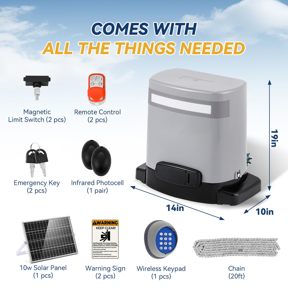 1300lbs Solar Sliding Gate Opener Chain Drive with Built-in Backup Battery, WiFi Remote Control, IR Sensor, Keypad, Automatic Gate Motor, Off-Grid Operation with Solar Panel