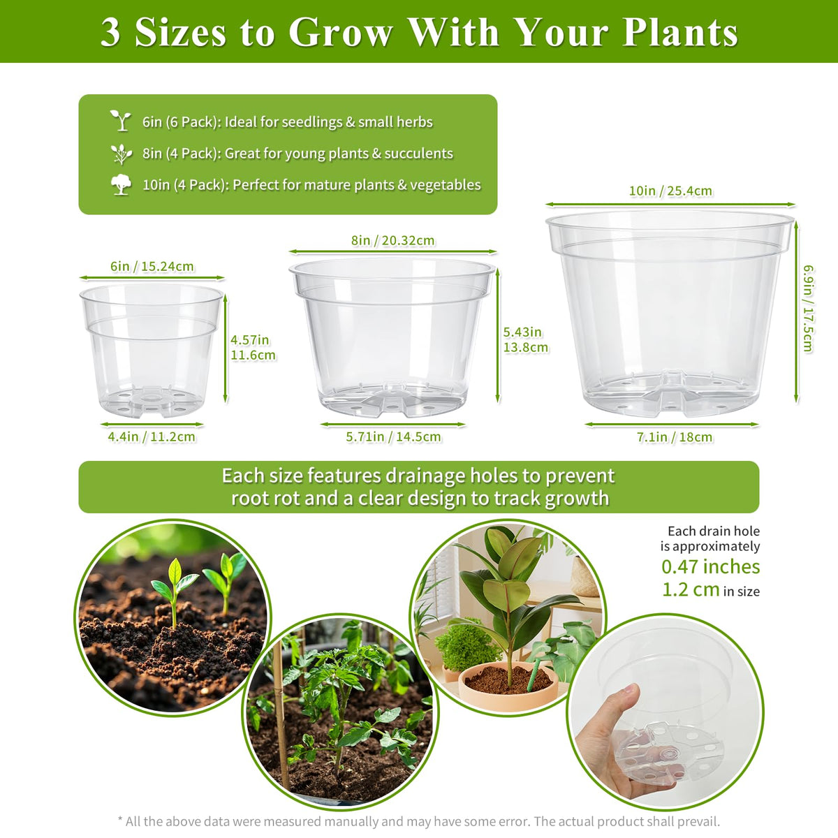 Gute 6/8/10 Inch Clear Nursery Pots with Drainage Holes (14 Pack), Reusable Plastic Plant Pots for Indoor & Outdoor Gardening, Ideal for Seedlings, Succulents, Vegetables, Orchids & More