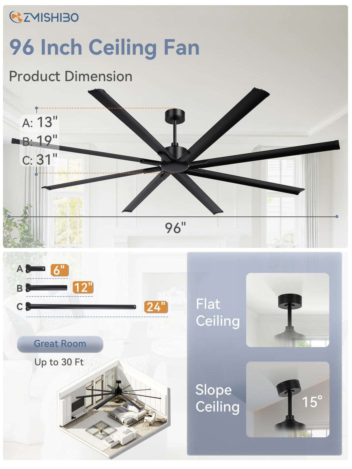 ZMISHIBO 96 Inch Ceiling Fans No Light, Large Industrial Ceiling Fan with 8 Aluminium Blades, Quiet DC Motor, 6 Speeds, Modern Ceiling Fan without Light for Garage/shop/living room,Black