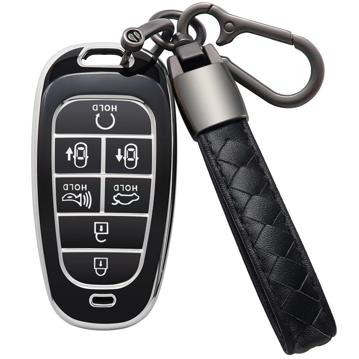 Eisgul for Hyundai Key Fob Cover with Leather Keychain Soft TPU Full Protection Key Case Shell Holder Compatible with 2024 2023 2022 2021 Sonata Santa fe Tucson Nexo Palisade 7 Button, B-Black