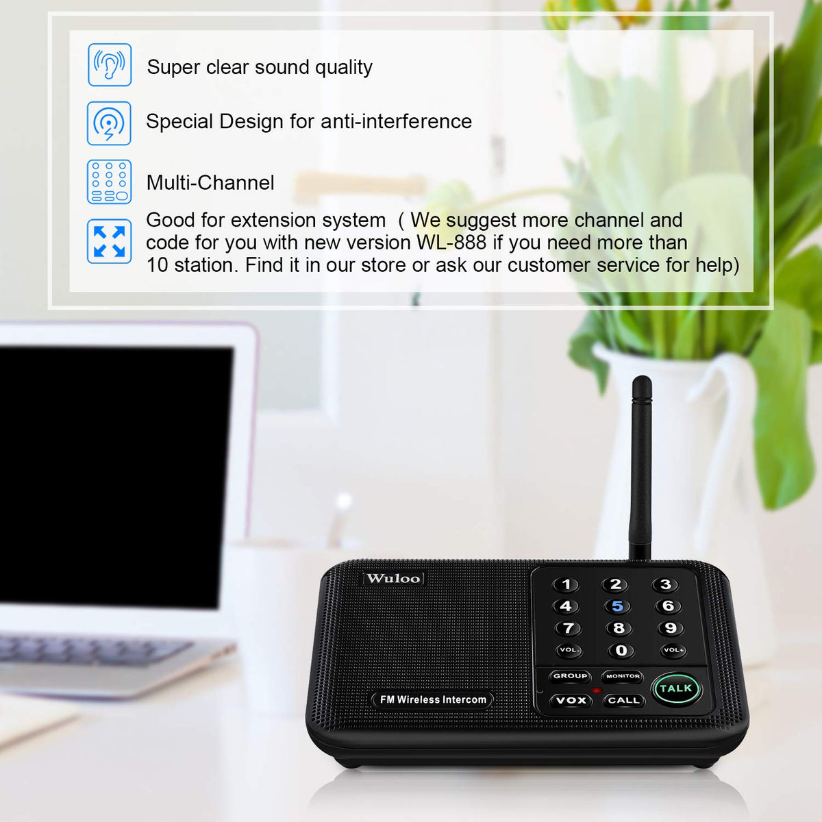 Wireless Intercom System for Home 5280 Feet Range 10 Channel 3 Code, Intercoms Wireless for Home House Business Office, Home Communication System, Room to Room Intercom Wuloo WL666（4 Units Set Black