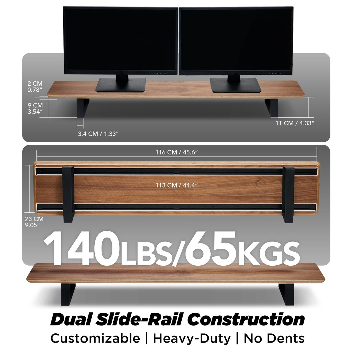 ULTRARM Moodular Wooden Monitor Stand 45.6” (116cm) Large Desk Organizer with Metal Slide Rails for Drawer, Tray, Laptop, Tablet, Phone & Headphones Customizable Riser for Organized Workspace Walnut
