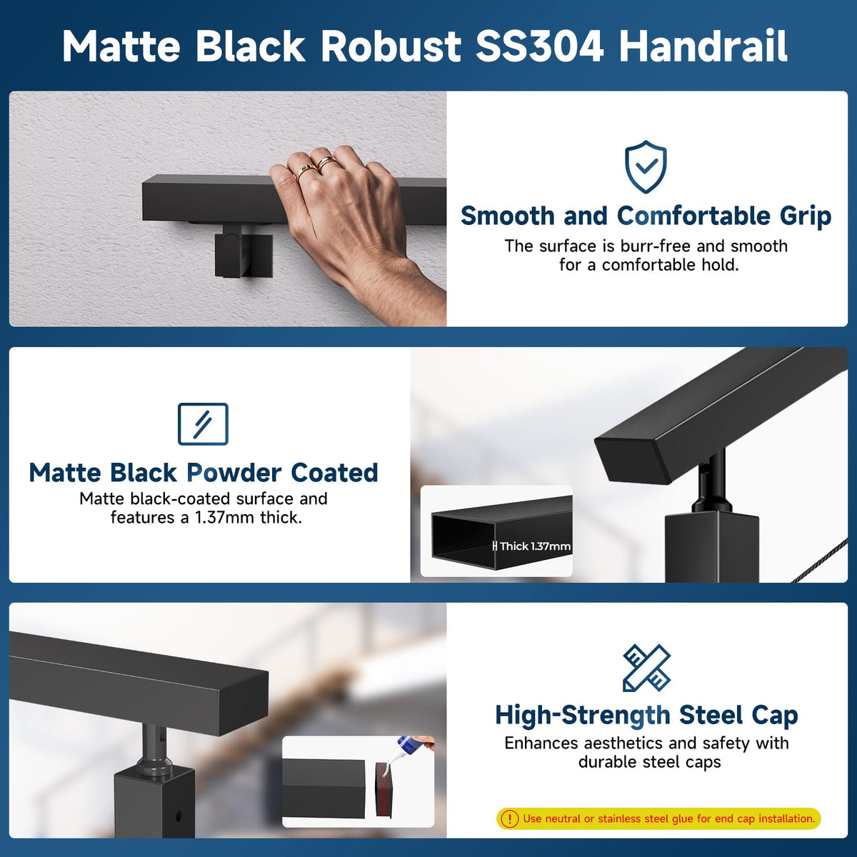 Gyykzz 8FT Stainless Steel 304 Handrail Black 3Pack, Rectangular Handrail Flat Top Rail with SS304 End Cap and POM Connecting Blocks for Indoor Outdoor Deck Stair Cable Railing System DIY Balustrade