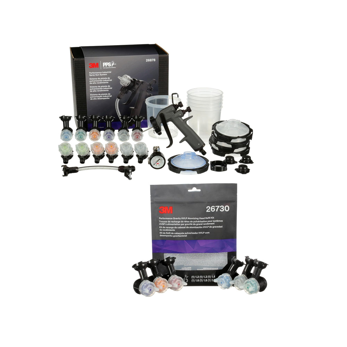 3M Performance Industrial Spray Gun Starter Kit, 26878 + 3M Performance Gravity HVLP Atomizing Head Variety Kit, 26730, Sizes 1.2, 1.3, 1.4, 1.6, 1.8, 2.0, 6 Pack
