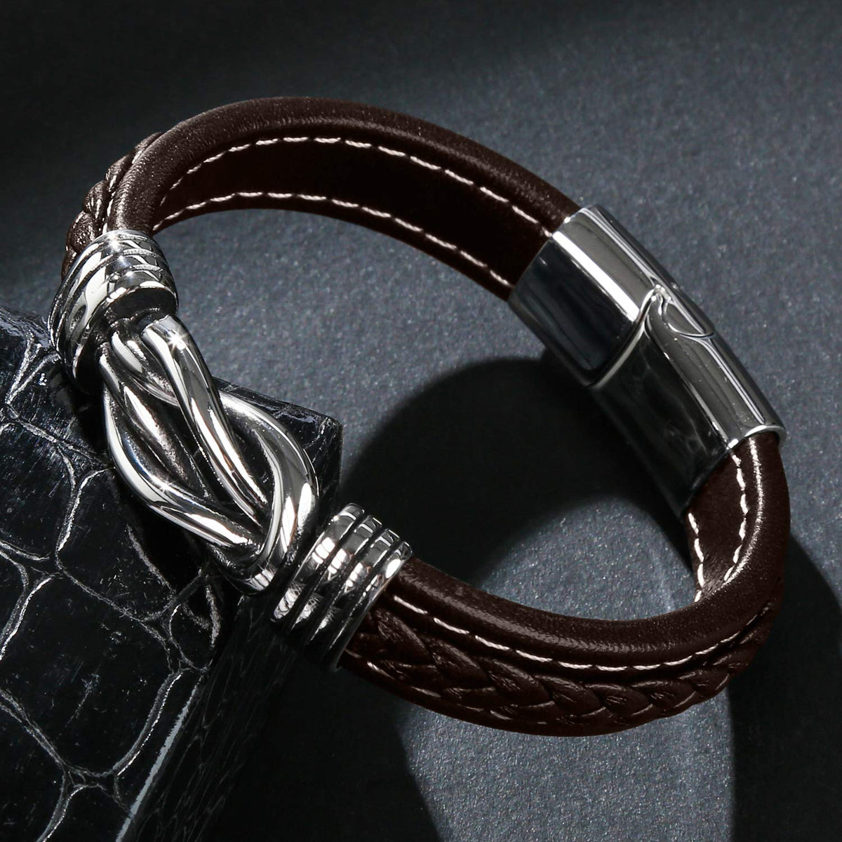 LJWVX Mens Leather Bracelet,Braided Leather Wristband Cuff Bracelets Stainless Steel Clasp,Jewellery Gift for Men Brown 8.5inch