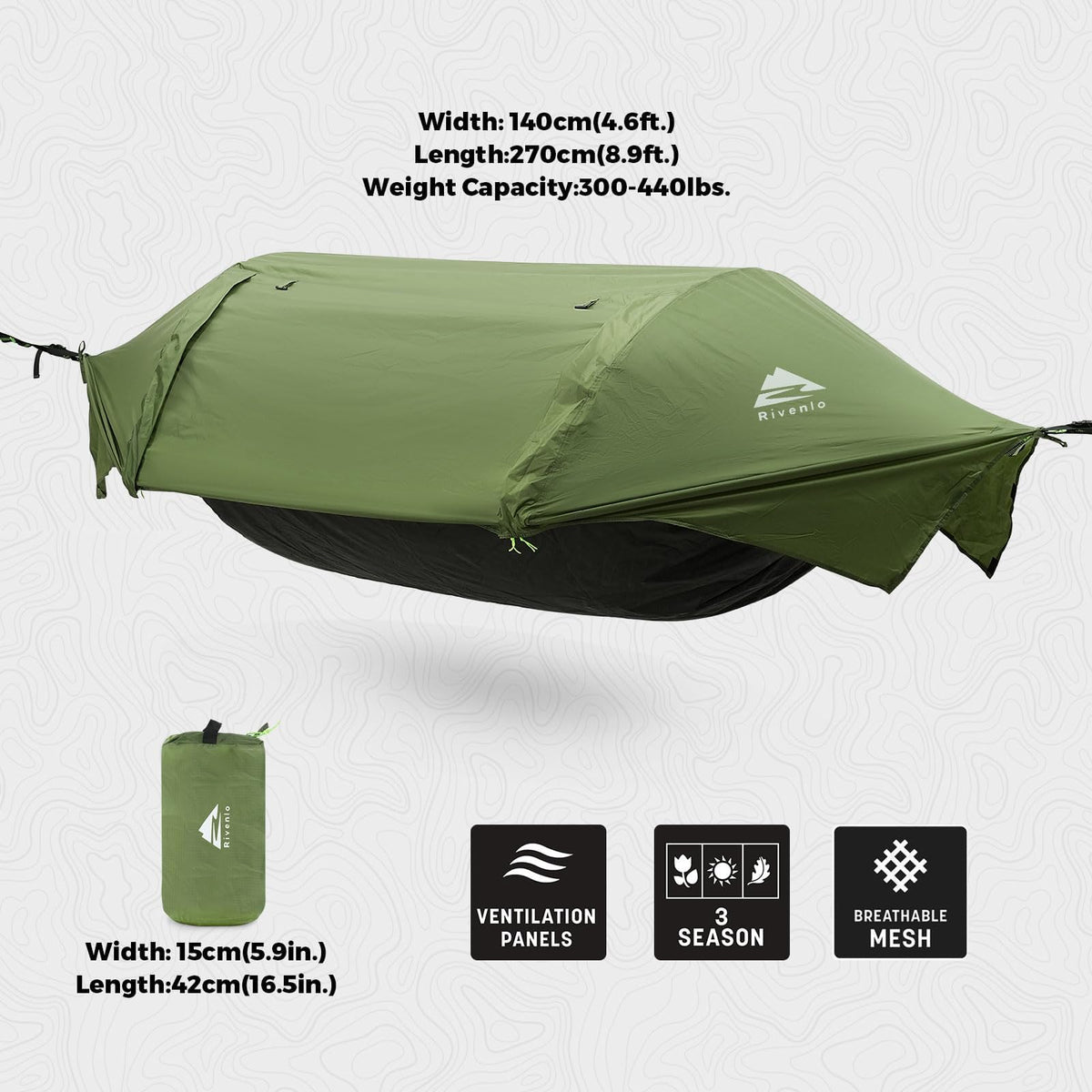 Rivenlo Camping Hammock Tent with Mosquito Net & RainFly, 3 in 1 Waterproof Portable Sleeping Hammock Bug Backpacker Lightweight Outdoor Gear Swing for Hiking Travel Patio Expedition(Dark Green)