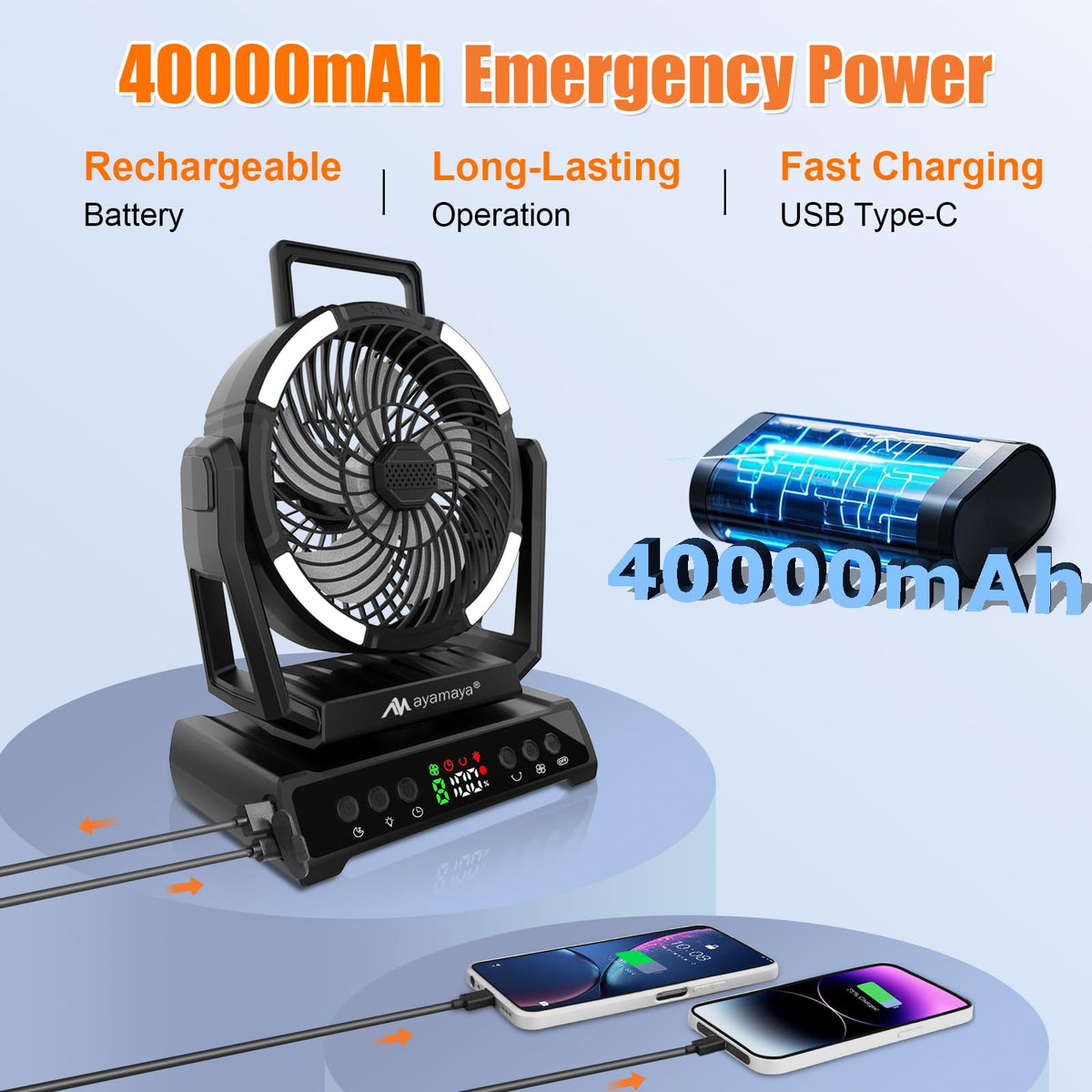 AYAMAYA 2 Pack Camping Fans, 26000mAh Solar Fan with LED Lantern with 180° Oscillation, 4 Speed, 40000mAh Rechargeable Fan for Camping