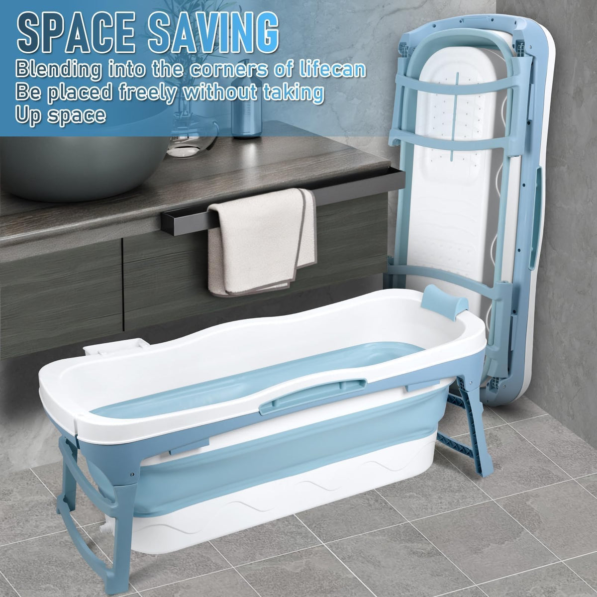 51" Large Foldable Portable Bathtub for Adults | Collapsible Bathtub with Dual Drains[Smooth Drain] | Folding Bath Tub for Shower Stall | Soaking Tub for Bathroom | Ice Hot Bath Tubs Blue
