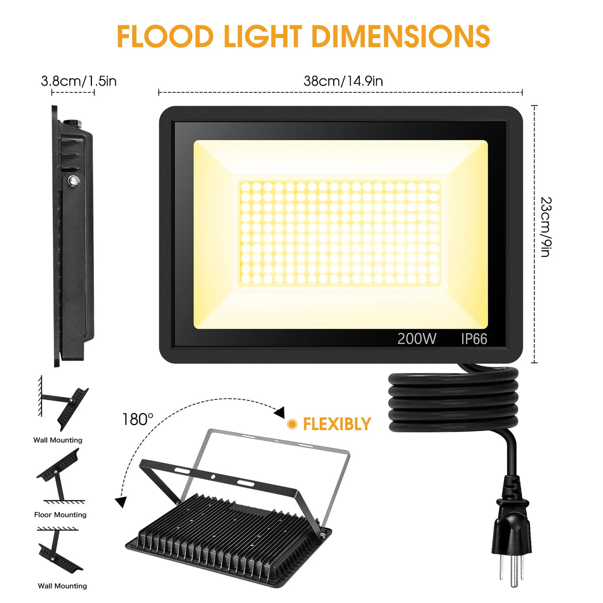 YANYCN 2 Pack 200W Warm White Led Flood Lights Outdoor,3000K Super Bright 15500LM Security Lights with Plug,Exterior IP66 Waterproof FloodLight for Basketball Court, Yard, Garden, Playground