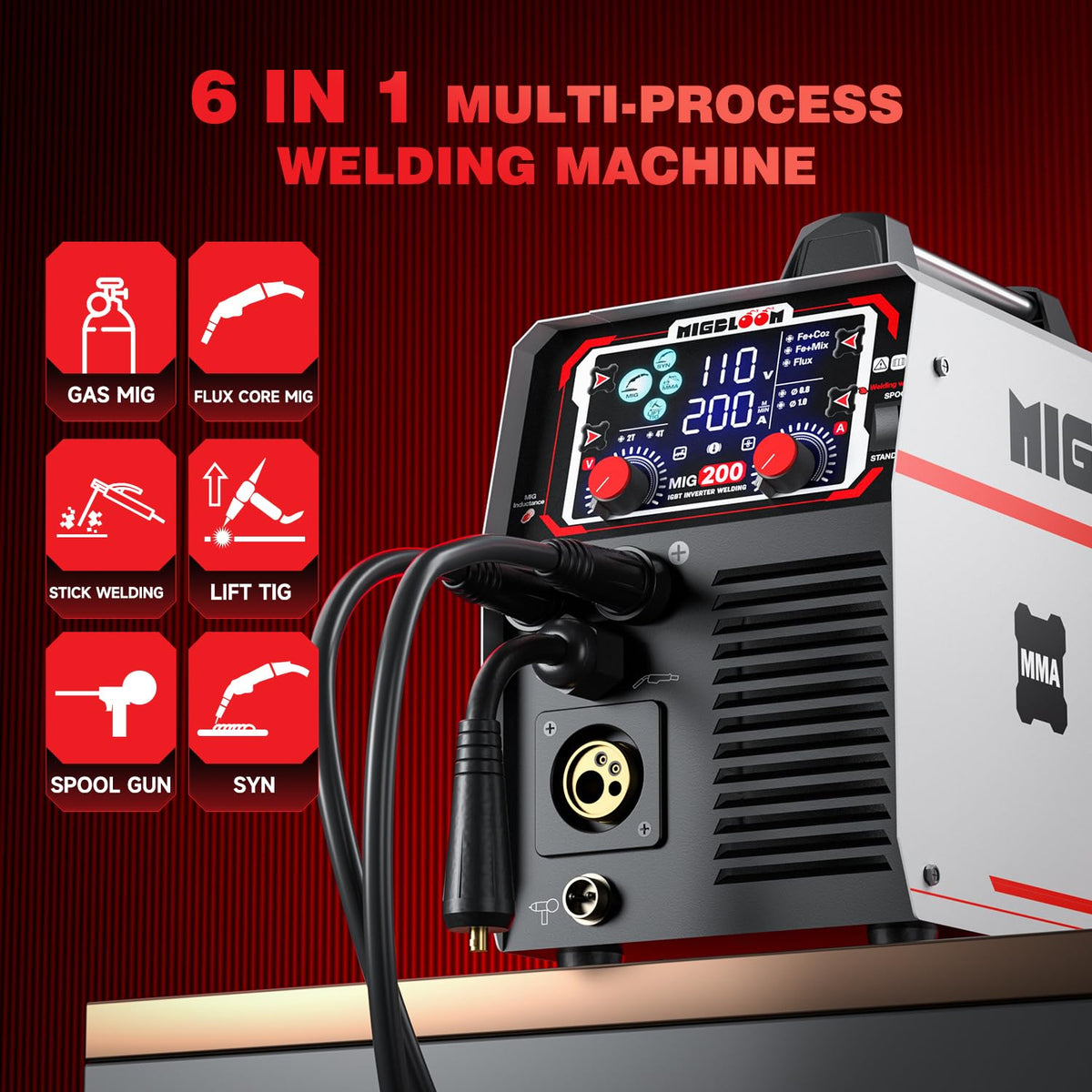 MIGBLOOM 200A Mig Welding Machine 110V/220V 6 in 1 Gas MIG/Gasless Flux Core/Stick/Lift TIG/Spool Gun/Syn Mig Welder Machine Multiprocess IGBT Inverter Welders