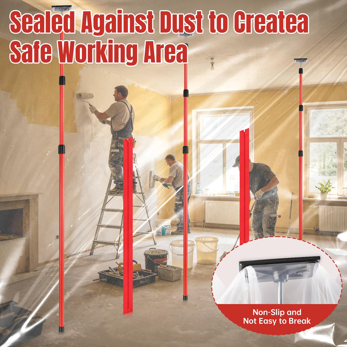 10FT Dust Barrier Poles Kit, 4 Pack Spring Retractable Zip Poles, with Heavy Duty Plastic Sheeting (32.8x13.1FT), 2 Zippers & Gloves, for Dust Barrier System, Renovation, Painting, Construction