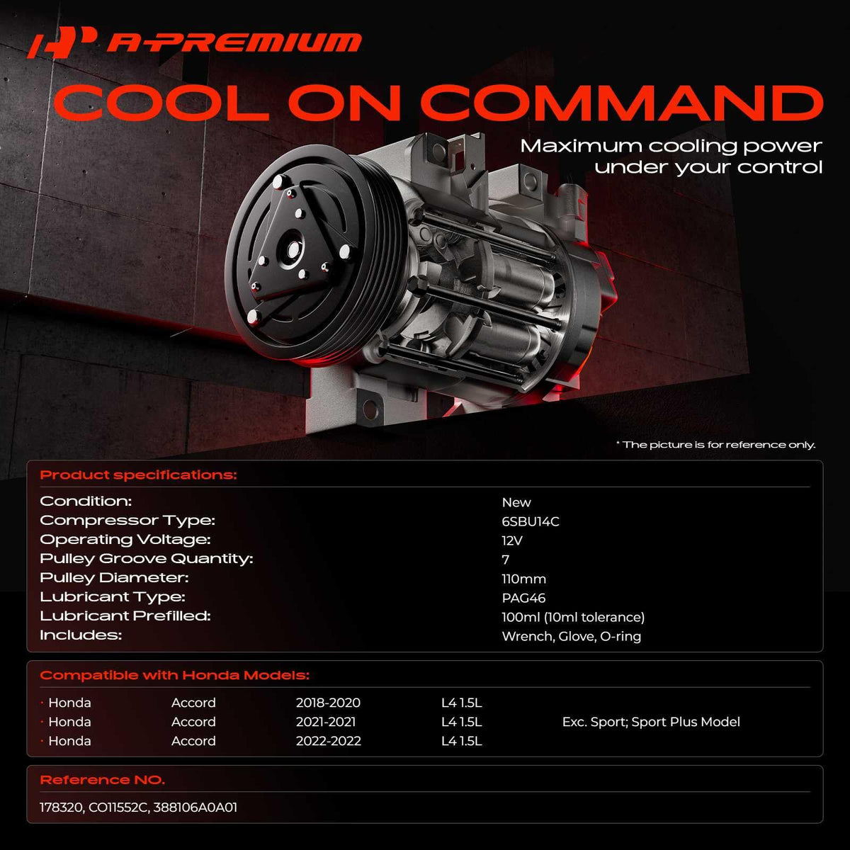A-Premium Air Conditioner AC Compressor with Clutch Compatible with Honda Accord 1.5L 2018-2022, with 110mm Pulley