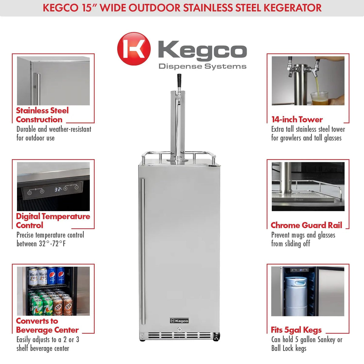 Kegco 15" Wide Single Tap Stainless Steel Built-In Outdoor Commercial Kegerator HK-15-SS