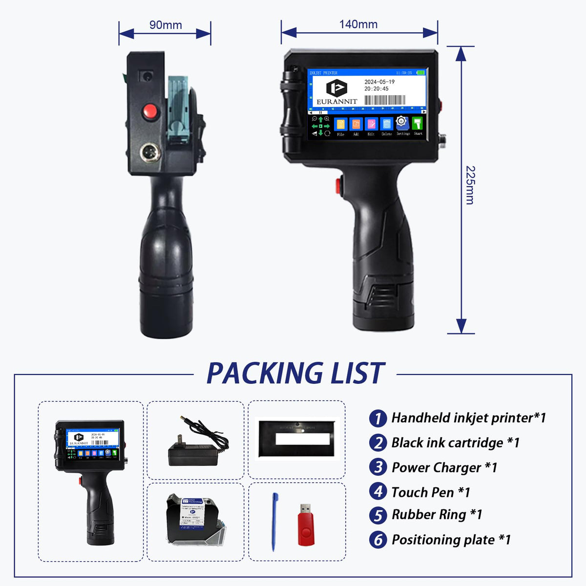 Eurannit Handheld Inkjet Printer 1 in, E15-1 Portable Handheld Printers with ER521 Black Ink Cartridge, Handheld Inkjet Printer Gun for Text QR Barcode Batch Number Logo Date Label Printer