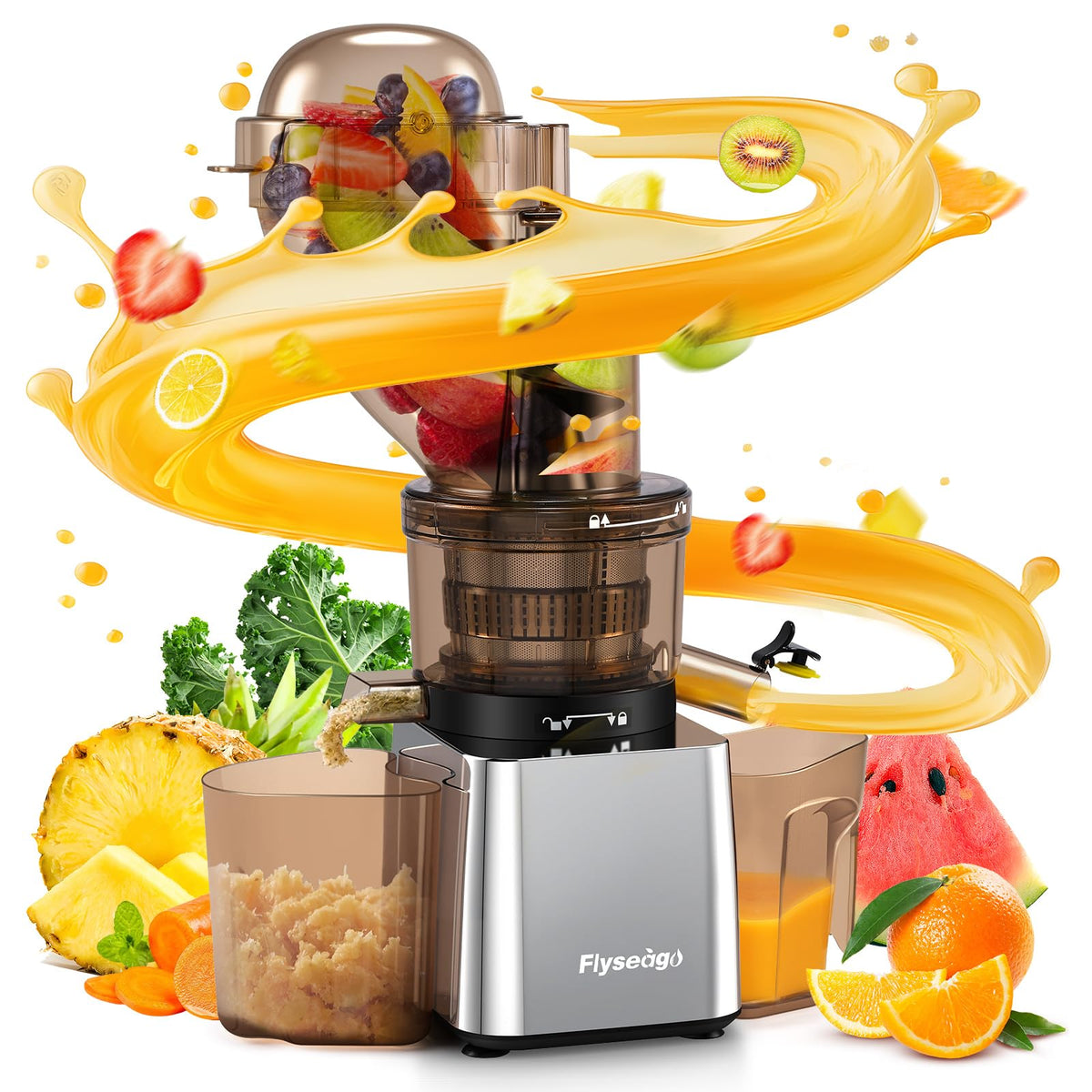 Flyseago Commercial 300W Cold Press Juicer Machines - Dual Outlet for Juice & Pulp, High Yield, Masticating Juicers, Heavy Duty Stainless Steel, Quiet Motor, Easy Clean for Restaurants, Bars