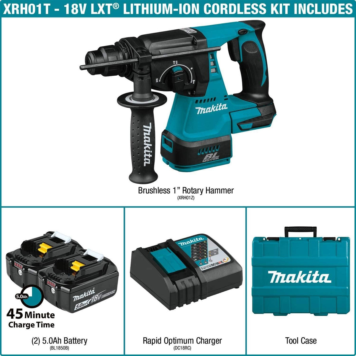 Makita XRH01T 18V LXT Lithium-Ion Brushless Cordless 1" Rotary Hammer Kit (5.0Ah) with XRJ05Z 18V LXT Lithium-Ion Brushless Cordless Recipro Saw
