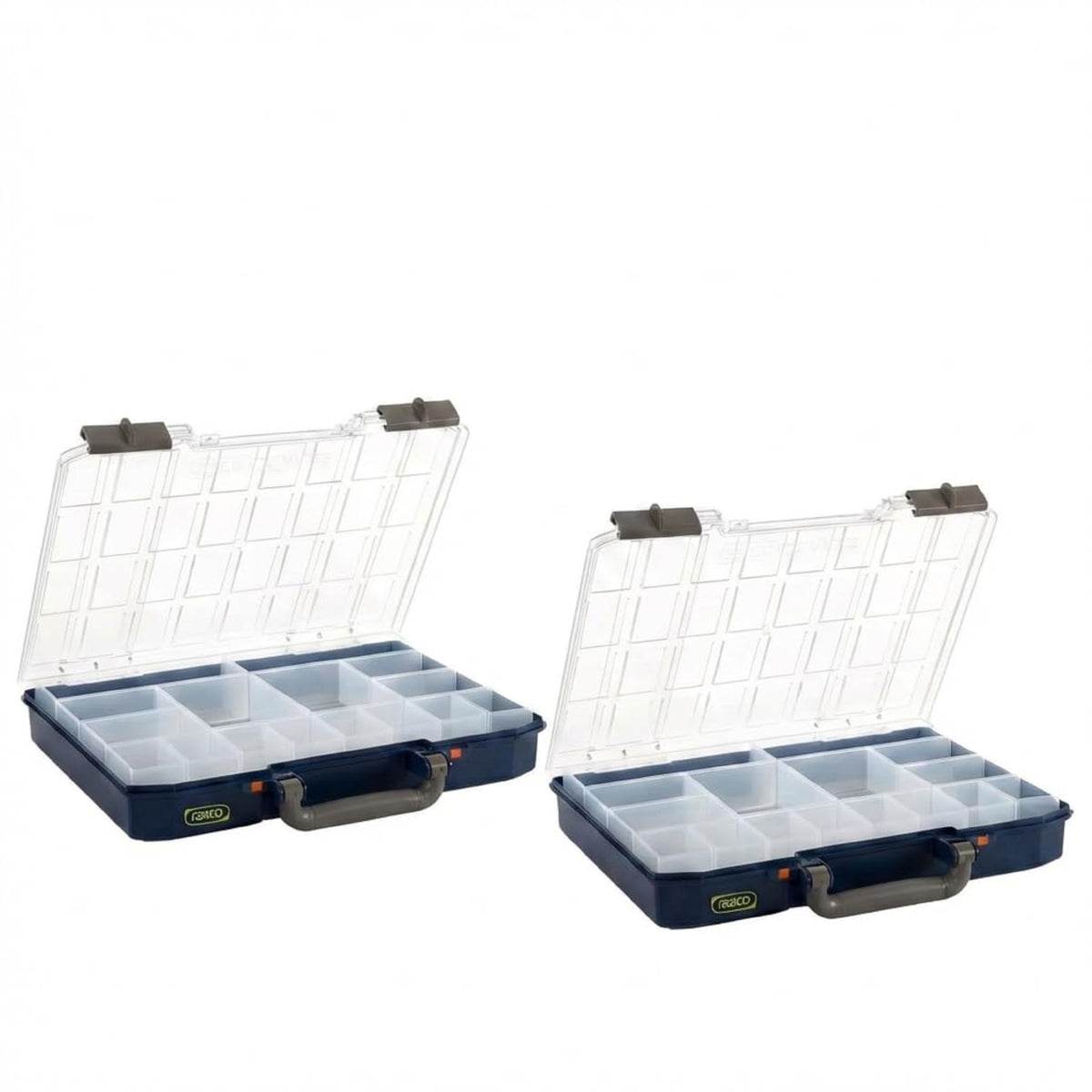 Raaco CarryMore 55 Storage System – Includes 2 CarryLite Slim 2.3 Inch Height Organizers (16 Inserts Each) – Stackable Modular Tool Storage Unit – Portable Hardware & Parts Organizer (2X CarryLite 55)