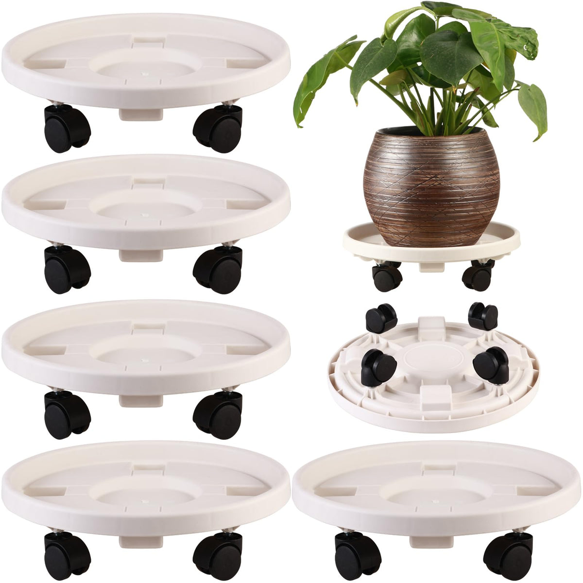 5 Pakcs Large Plant Caddy with Wheels 15.8" Rolling Plant Stands Heavy-duty Plastic Plant Roller Base Pot Movers Plant Saucer on Wheels Indoor Outdoor Plant Dolly with Caster Tray Coaster White