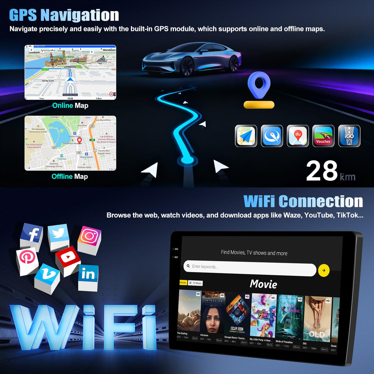 4+64G Android 15 Car Stereo for Jeep Compass Patriot 2010-2016 with Wireless Carplay Android Auto, 10.1" 1280 * 720P IPS Touchscreen Head Unit 32-EQ Bluetooth-5.0 GPS WiFi FM/RDS SWC Rear Cam+Canbus