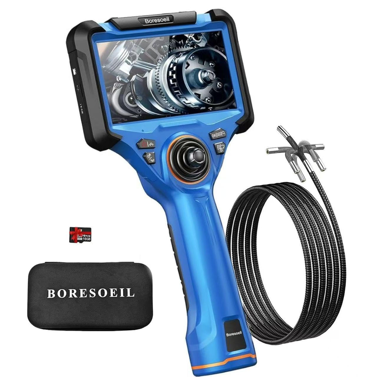 Boresoeil 360° Articulating Borescope with 0.25 in Slim Probe, 5" HD 4-Ways Industrial Endoscope Camera with Light, Articulated Flexible Snake Camera for Plumbing & Machinery Inspection