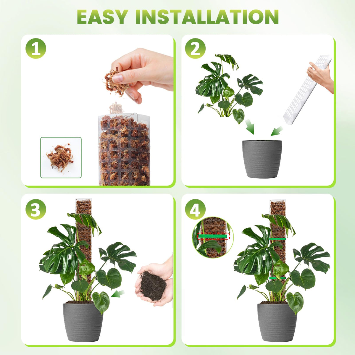 EOX 4 Pcs 24 Inch Plastic Moss Pole for Monstera, Large D Shaped Poles for Climbing Plants Work with Sphagnum Moss, 90 Inch Plant Stake Set of 4, Garden Ties