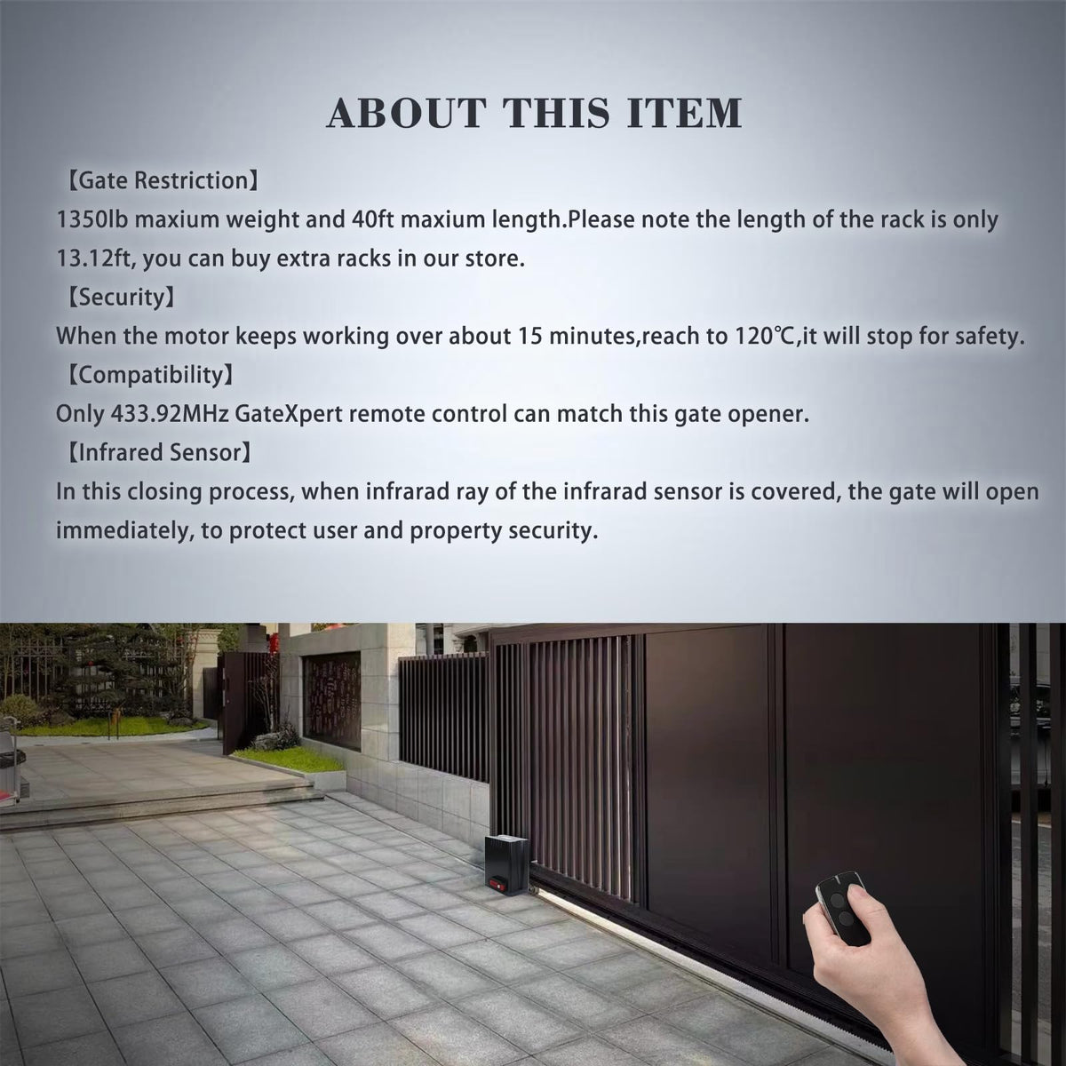 GATEXPERT Sliding Gate Opener Kit with AC110V/60HZ Motor for 1350lb 40ft Gate,Wireless Remote, Alarm Lamp and Infrared Sensor, Gear Rack Driven Automatic Gate Operator with 13.12ft Racks (DK1350)