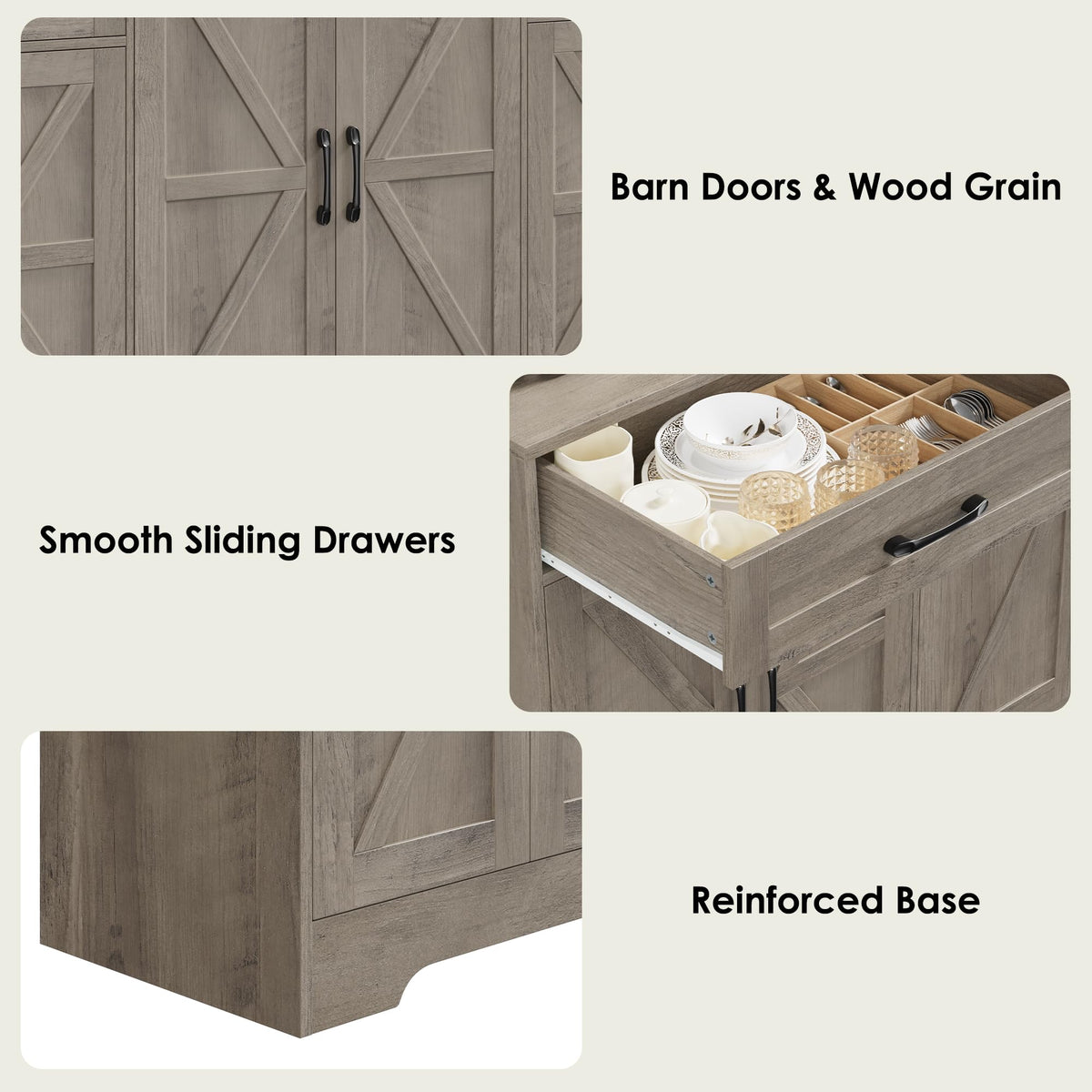 BOTLOG 71” Large Sideboard Buffet Cabinet with Storage, Farmhouse Kitchen Buffet Cabinet with Adjustable Shelves and 6 Barn Doors, Wood Coffee Wine Bar Console Table, White, Ash Grey (Ash Grey)