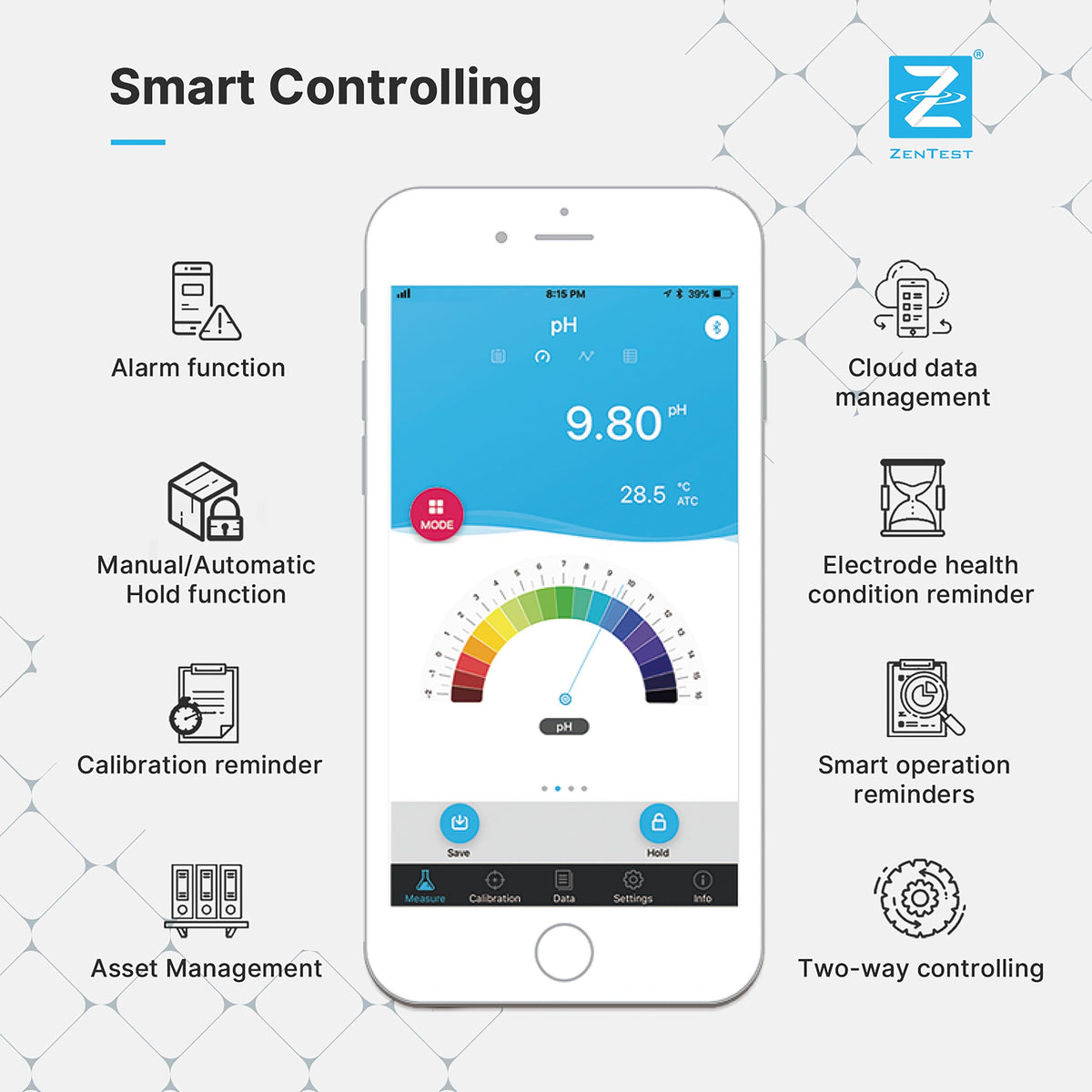 Apera Instruments, LLC-AI3719 PC60-Z Bluetooth Multi-Parameter Smart Tester Powered by ZenTest Mobile App, Measuring pH/Conductivity/TDS/Salinity/Resistivity/Temp.