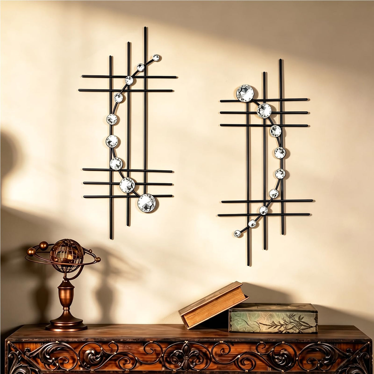 ZEXUIRU 2 Pack Black Abstrac Wall Decor – Metal Crystal Wall Art with Sparkling Rhinestones, 16.5’’/24 Inch Wall Hanging Set for Living Room Bedroom Bathroom – Modern Bling Home Decorations