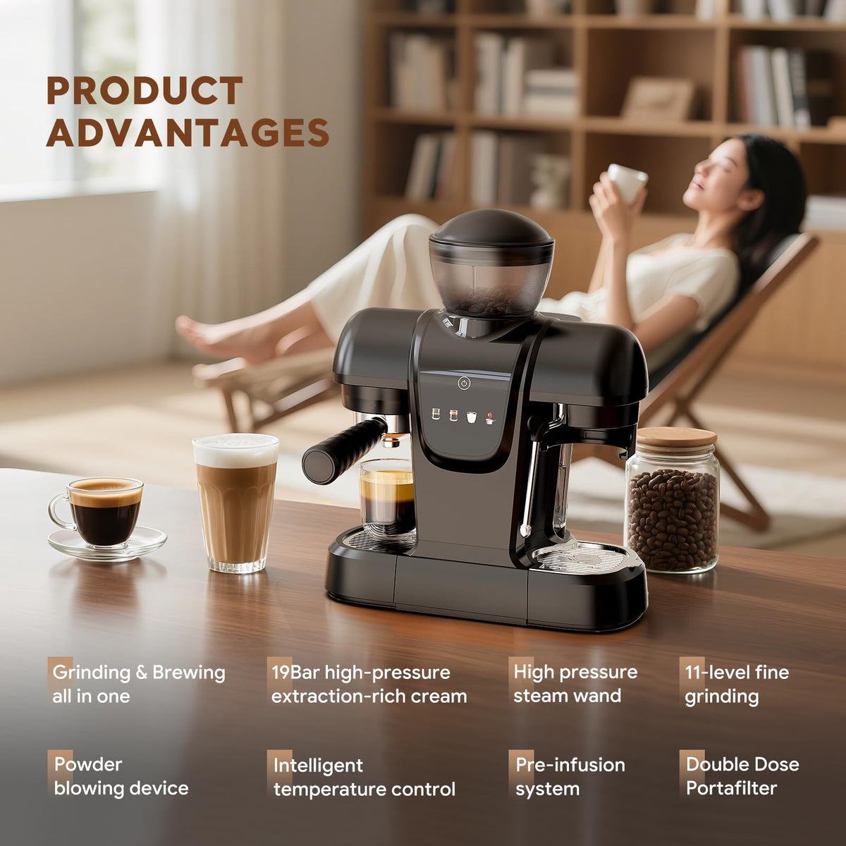 20 Bar Espresso Machine with Grinder & Steam Wand - Semi Automatic Coffee Maker, NTC Intelligent Temp Control, 58mm Stainless Steel Portafilter, One-Touch Panel for Home Barista (Removable Water Tank)