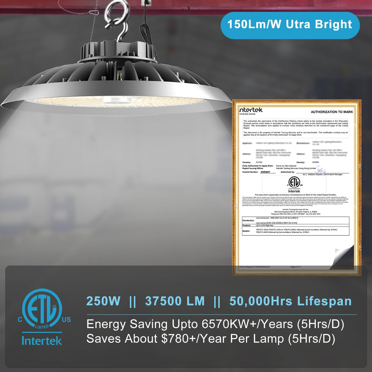 Lightdot 250W High Bay LED Shop Light 100-277V 37500Lm Commercial High Bay Lights Plug and Play UFO LED Lights for Warehouse Workshop Barn 5 Yrs Warranty-6Pack
