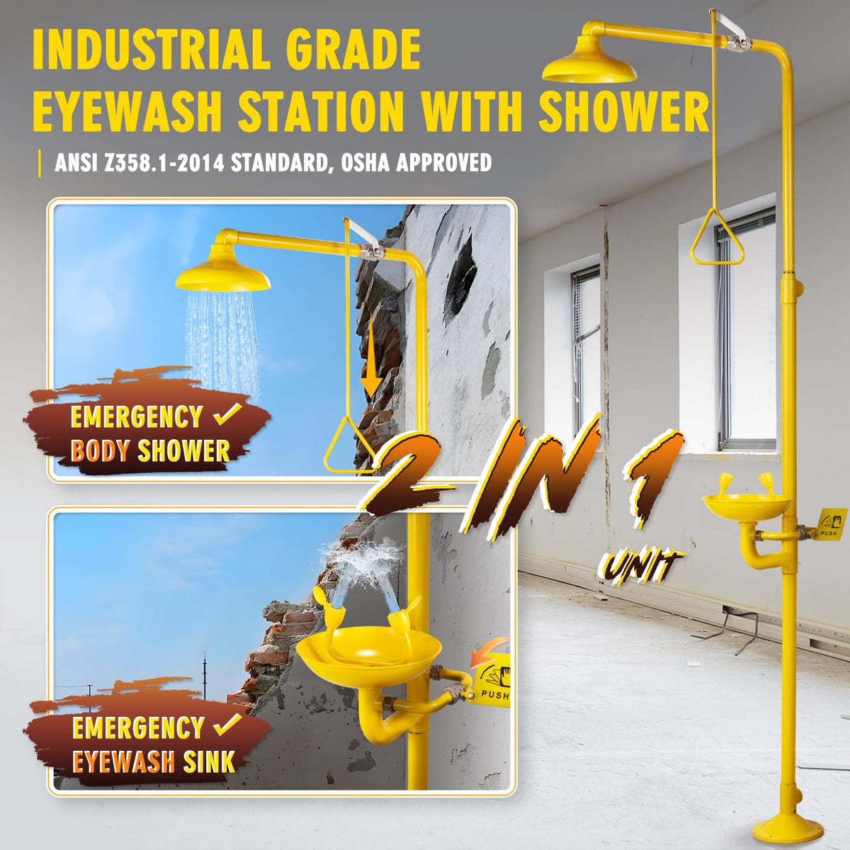 CGOLDENWALL Emergency Shower Eye Wash Station Safty Shower Combination Eye Wash Station with Shower, NPT Thread, with Emergency Sign, 304 Stainless Steel+Yellow Coating