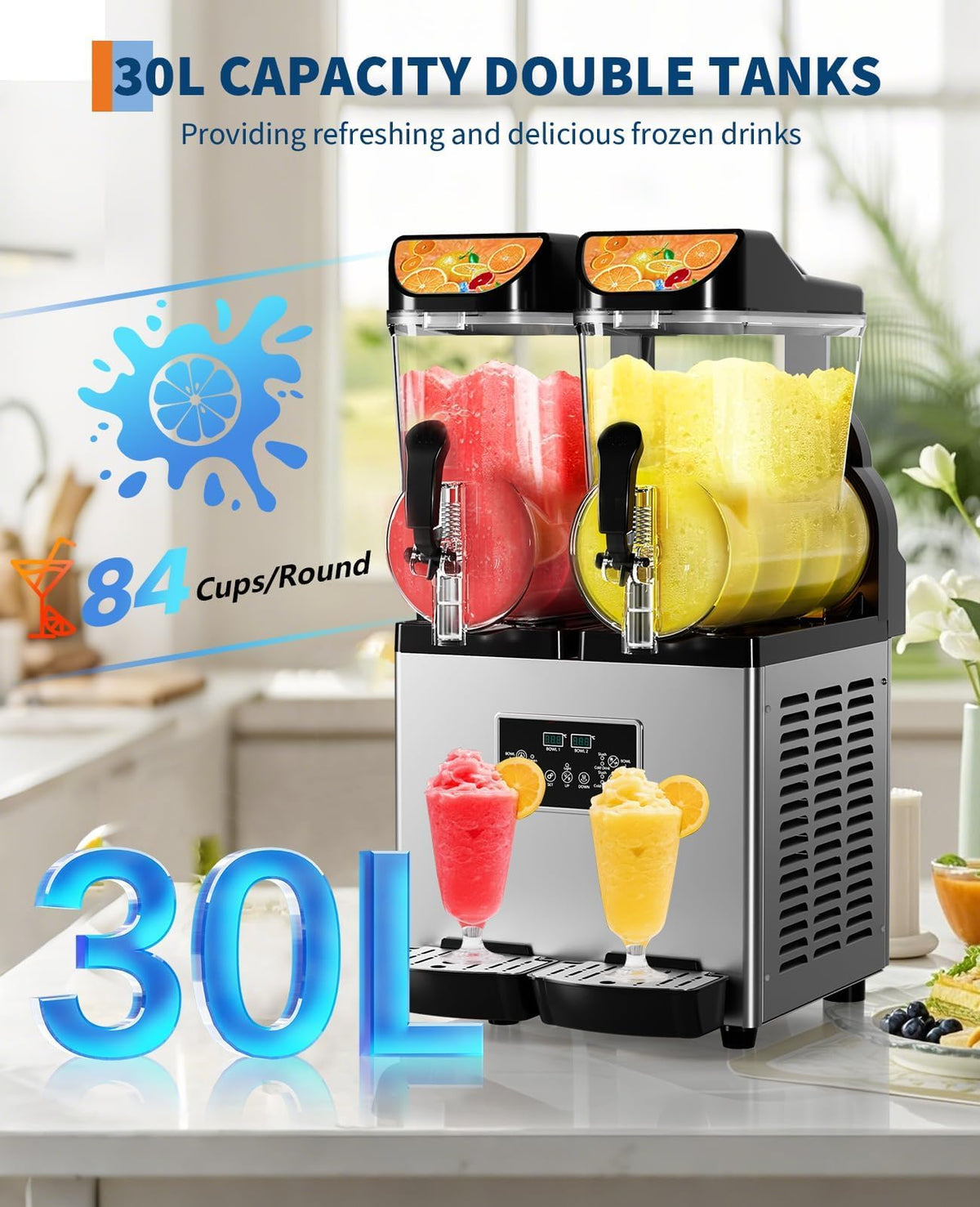 Commercial Slushy Machine 30L/8gal Double Tank, Smoothie Frozen Drink Machine, 84Cups Stainless Steel Margarita Slush Maker, Fast Cooling Low Noise Auto Clean, for Restaurants Cafes Bars Food Trucks