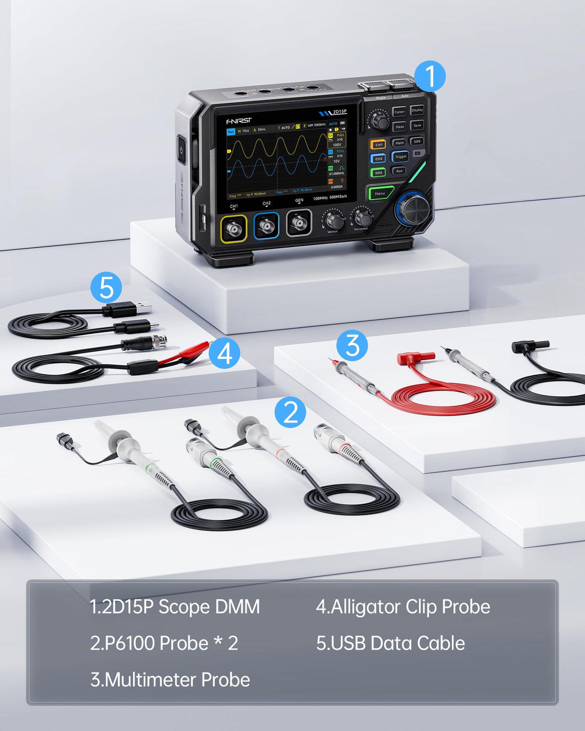 FNIRSI 2D15P 100MHz Digital Oscilloscope Multimeter DDS Signal Generator 3 in 1, 2CH Automotive Oscilloscope Multimeter 19,999 TRMS Counts, 500MS/s Sampling, 4.3'' Touch Screen