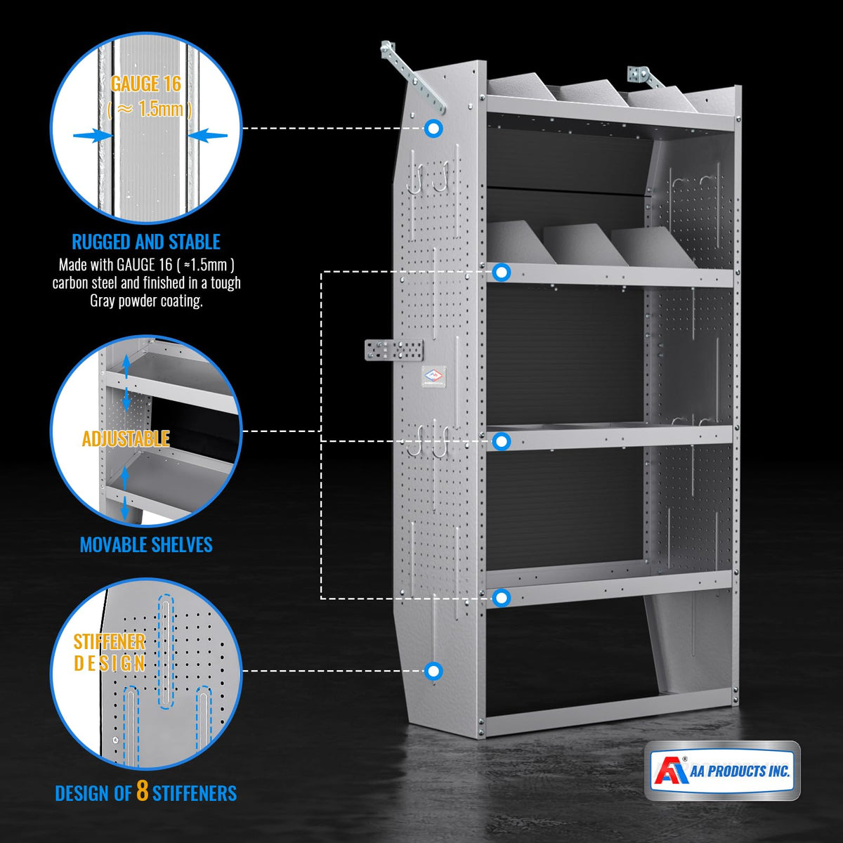 AA Products SH-6003 Steel Mid/High Roof Van Shelving Storage System Fits Transit, NV, Promaster and Sprinter, Van Shelving Units, 32''W x 60''H x 13''D