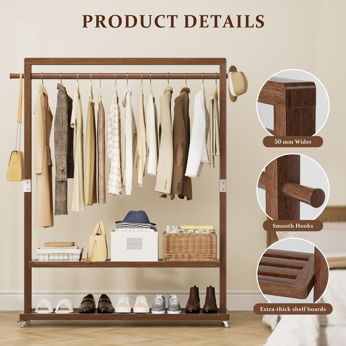Wamhom Solid Wood Clothes Rack with Wheels | 3-in-1 Freestanding Garment Rack & Coat Tree, Extra-Long Rod, Two Shelves, 220 lb Load | Organizer for Bedroom & Entryway