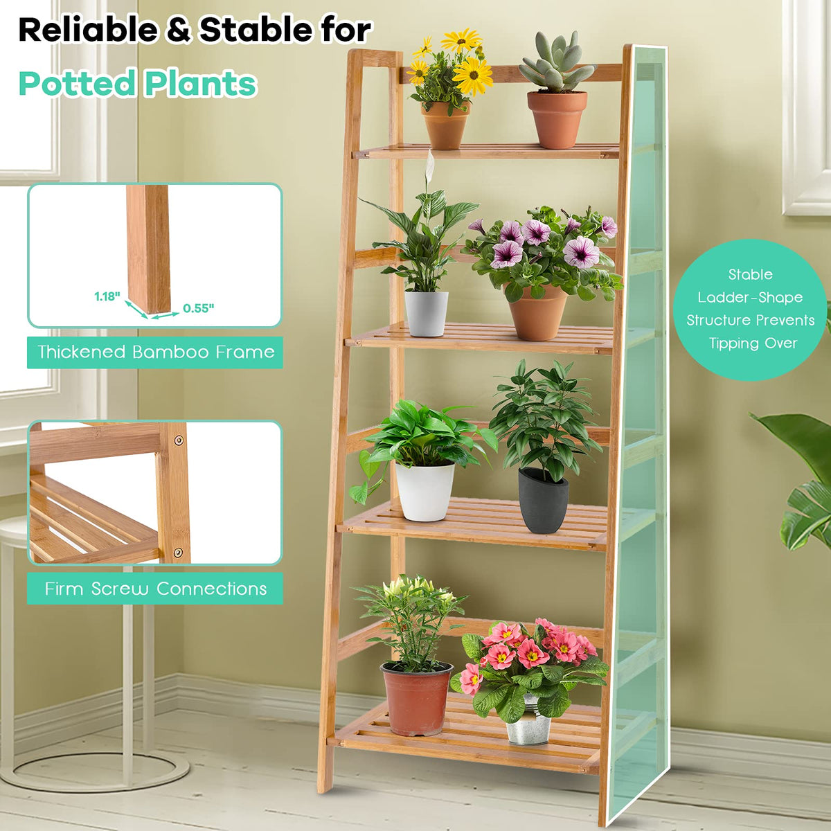 Giantex 4-Tier Bamboo Plant Stand Flower Pots Holder Display Shelf, 47.5inch Ladder Shelf Plants Organizer Rack for Patio Balcony Garden Home, Bookcase Planter Storage Shelving Unit Indoor Outdoor