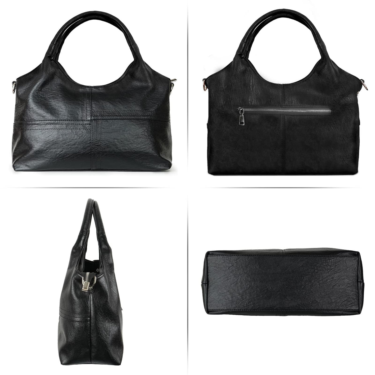 KOGTLA Vegan Leather Purses for Women with Detachable Satchel Strap, Ladies Handbags, Tote Hobo Bags with Top Handle Black