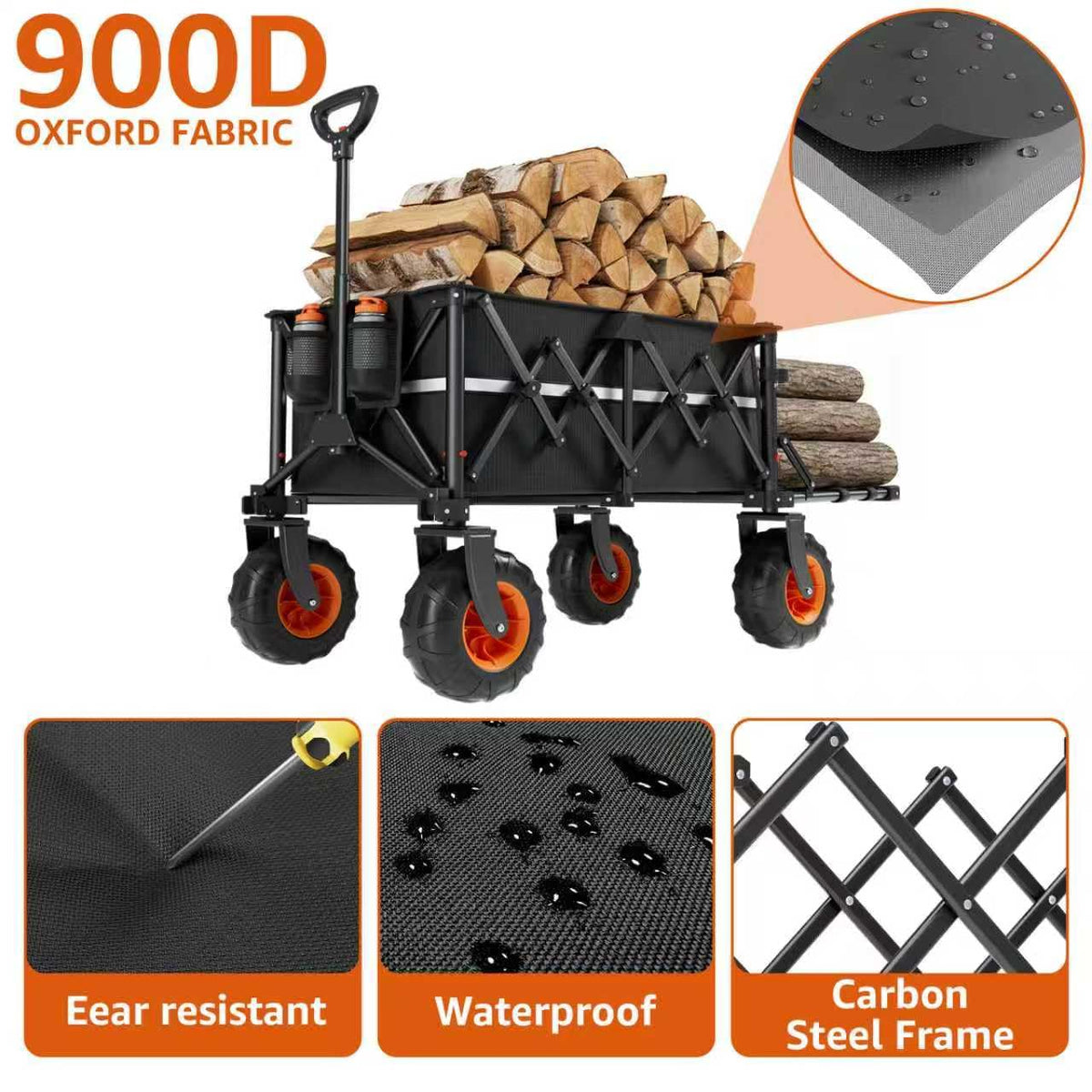 Collapsible Wagon Heavy Duty Foldable 200L Large Garden Utility Cart, 10" Big Wheels All Terrain, 800lbs Collapsible Wagons Carts with Extended Tailgate for Camping Beach