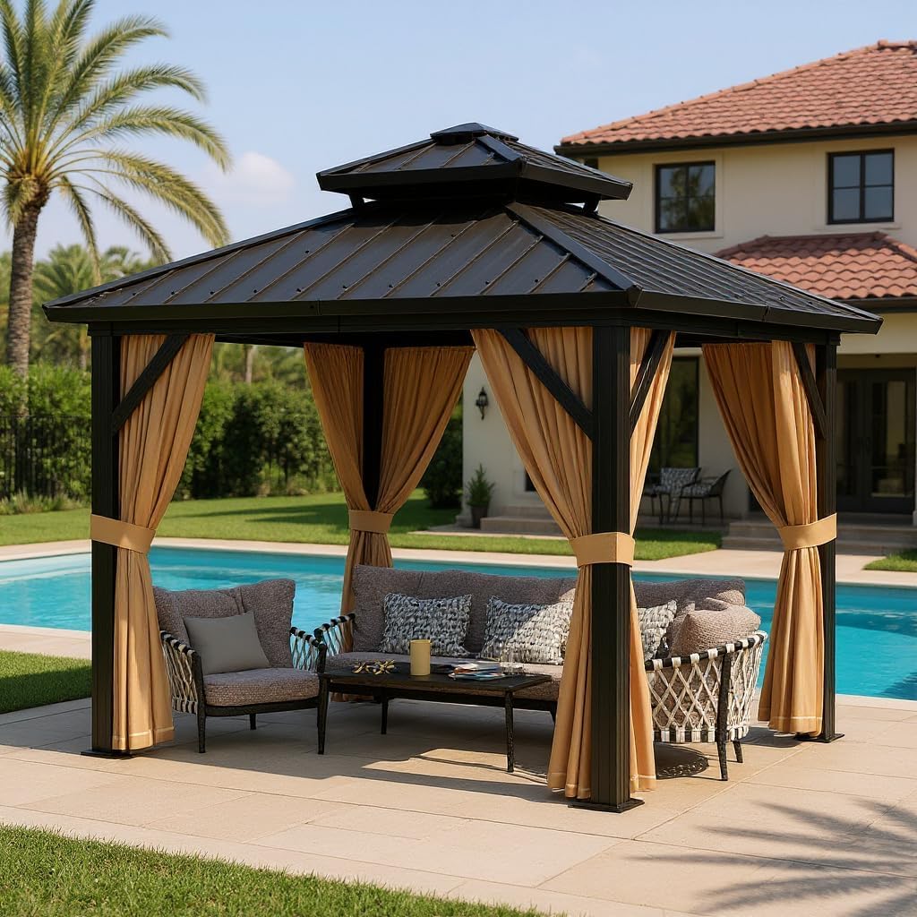 10x10 ft Hardtop Gazebo with Galvanized Steel Double Roof, Heavy Duty Galvanised Steel Hardtop Pavilion with Nettings and Curtains for Party, Wedding, Outdoor Dining, Patio, Backyard