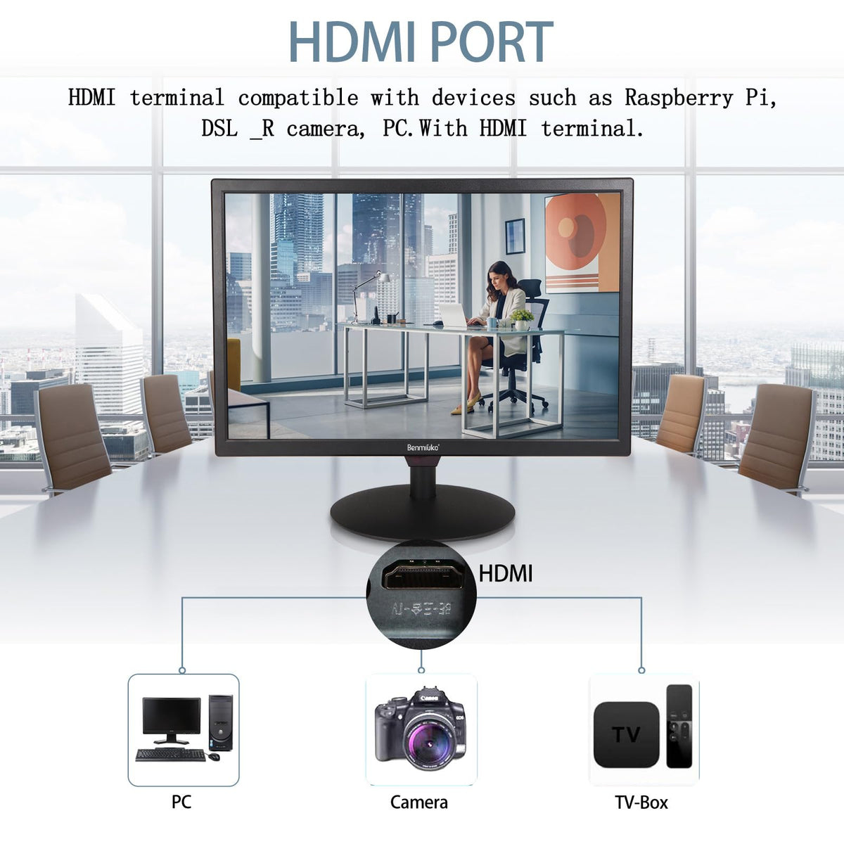 Benmiuko 24 inch Monitoring Display Screen Security Camera Monitor LCD Multi Functional Interface HDMI, BNC, VGA, AV, USB Input CCTV Computer Monitors Built in Speaker 1920x1080 Full HD