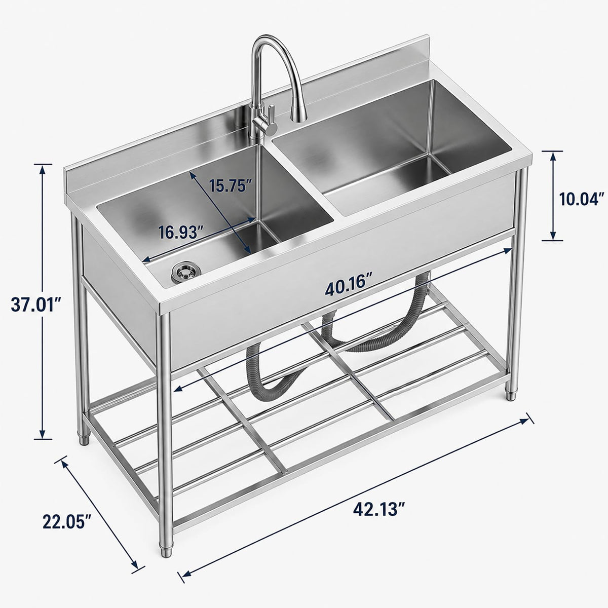 42" x 22" Freestanding Stainless Steel Utility Sink with Pull Down Faucet and Workbench Top, Extra Wide Basin for Laundry Room, Garage, or Workshop