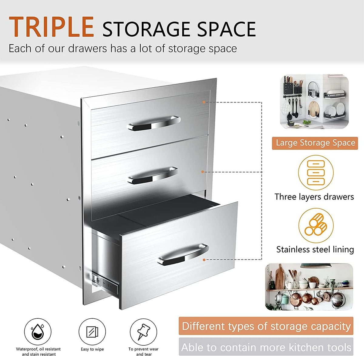 KODOM Outdoor Kitchen Drawers 14W x 21H x 23D Inch, Flush Mount Access BBQ Island Drawers for Outdoor Kitchens or Patio Grill Station