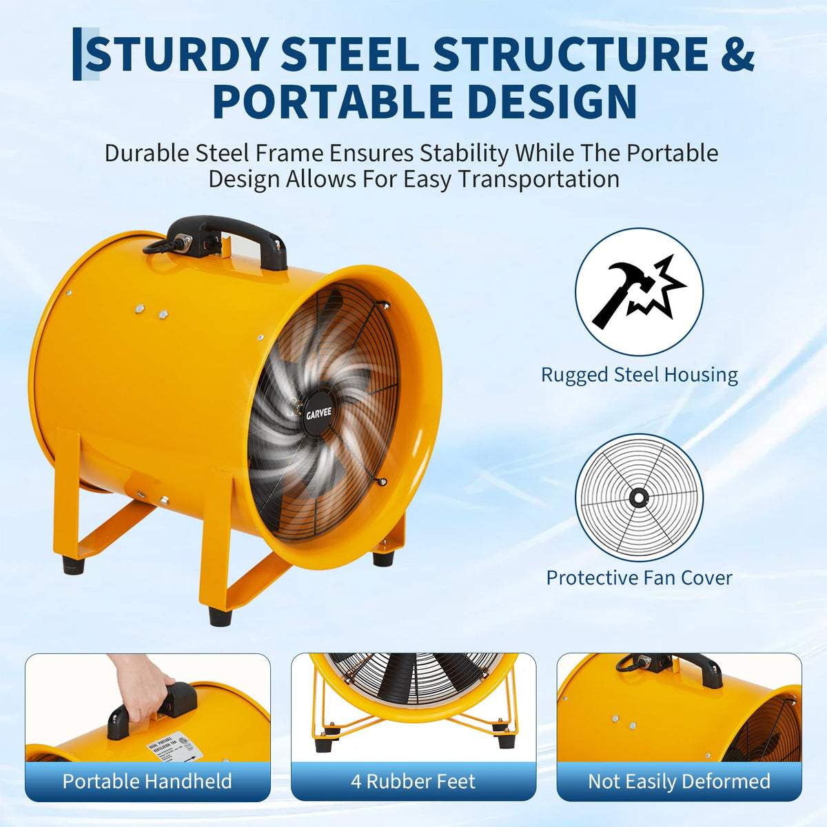 ExploreHorizon 12 Inch Air Mover Blower Fan, 3500 CFM Heavy Duty Industrial Exhaust Fan with 32.8ft Flexible Duct, Low-Noise Portable Blower Exhaust Fan for Construction, Workshops