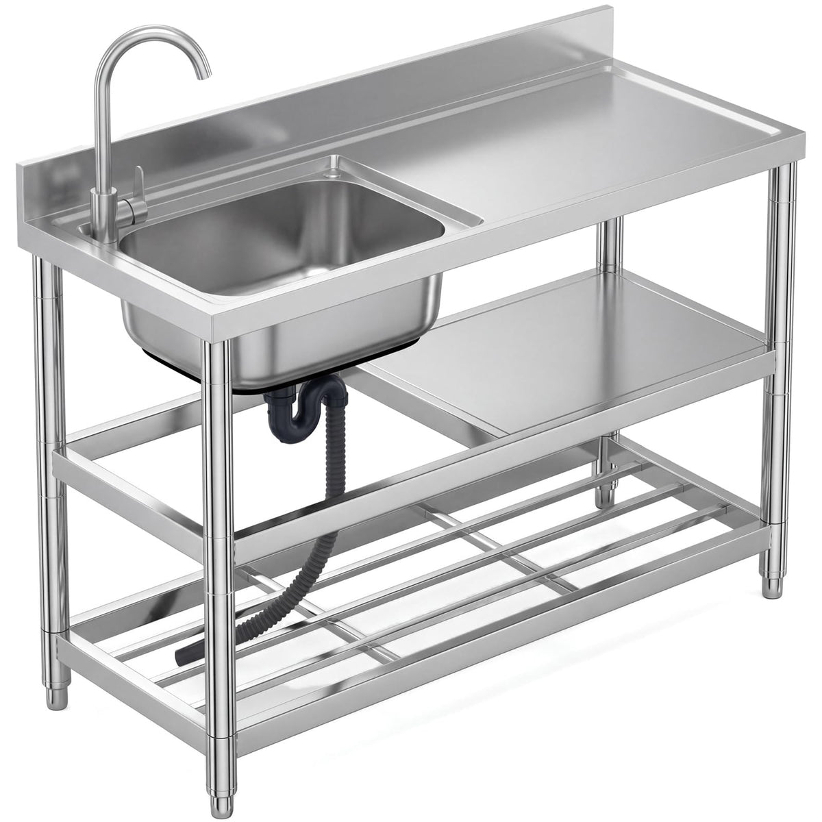 Free Standing Stainless-Steel Single Bowl Commercial Restaurant Kitchen Sink Set w/Faucet & Drainboard, Prep & Utility Washing Hand Basin w/Workbench & Double Storage Shelves Indoor Outdoor (47in)