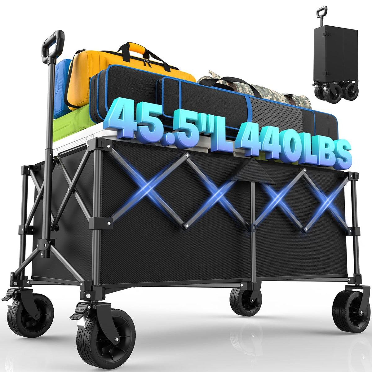 45.5" L Kitsure Collapsible Wagon - Heavy Duty Foldable Wagon with 440lbs Capacity, Adjustable Handle, Shopping Cart with Wheels for Camping, Groceries, Black, 45.5" x 24.0" x 38.0"