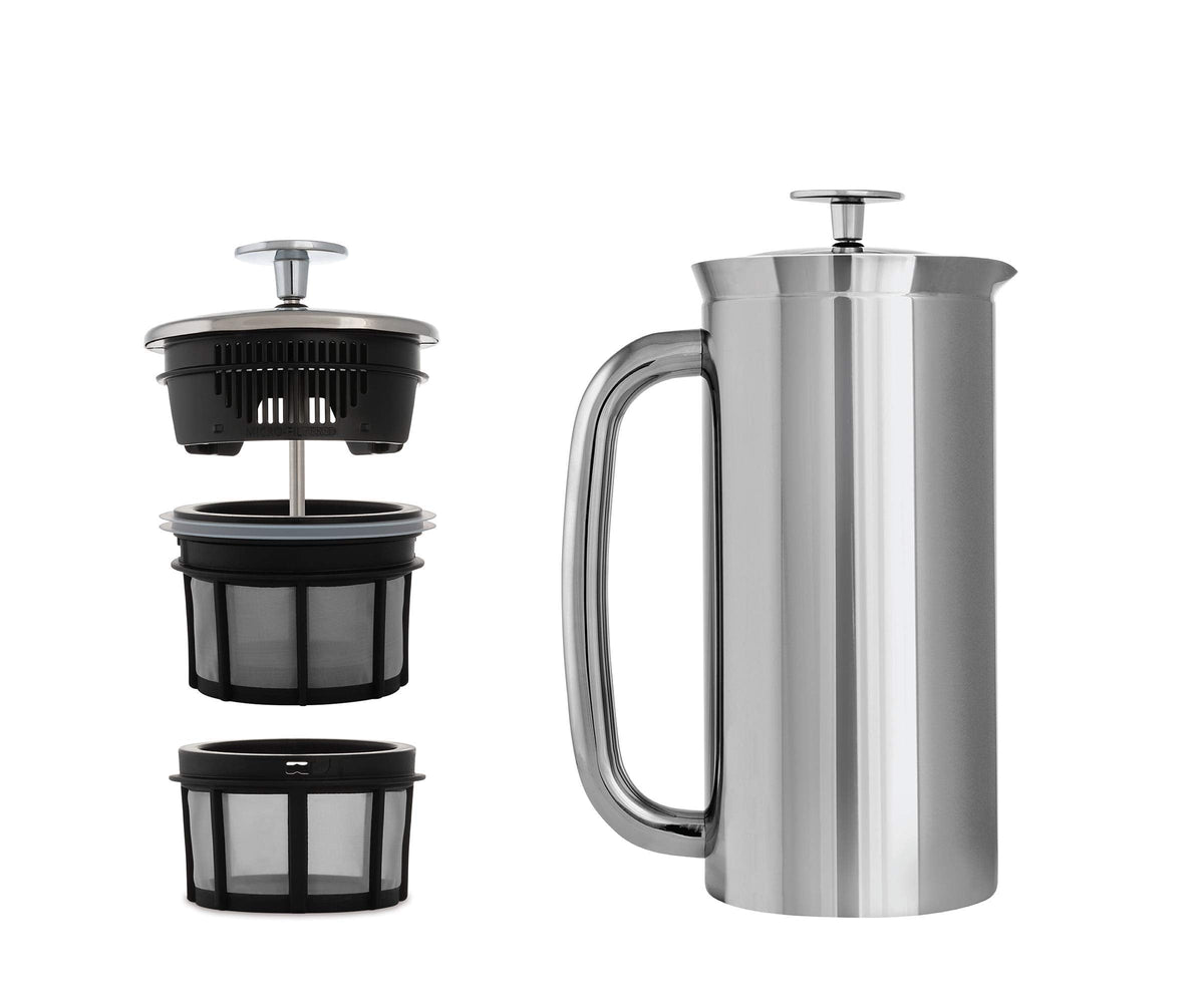 ESPRO - P7 French Press - Double Walled Stainless Steel Insulated Coffee and Tea Maker with Micro-Filter - Keep Drinks Hotter for Longer (Polished Stainless Steel, 18 Oz) Cleaning Powder